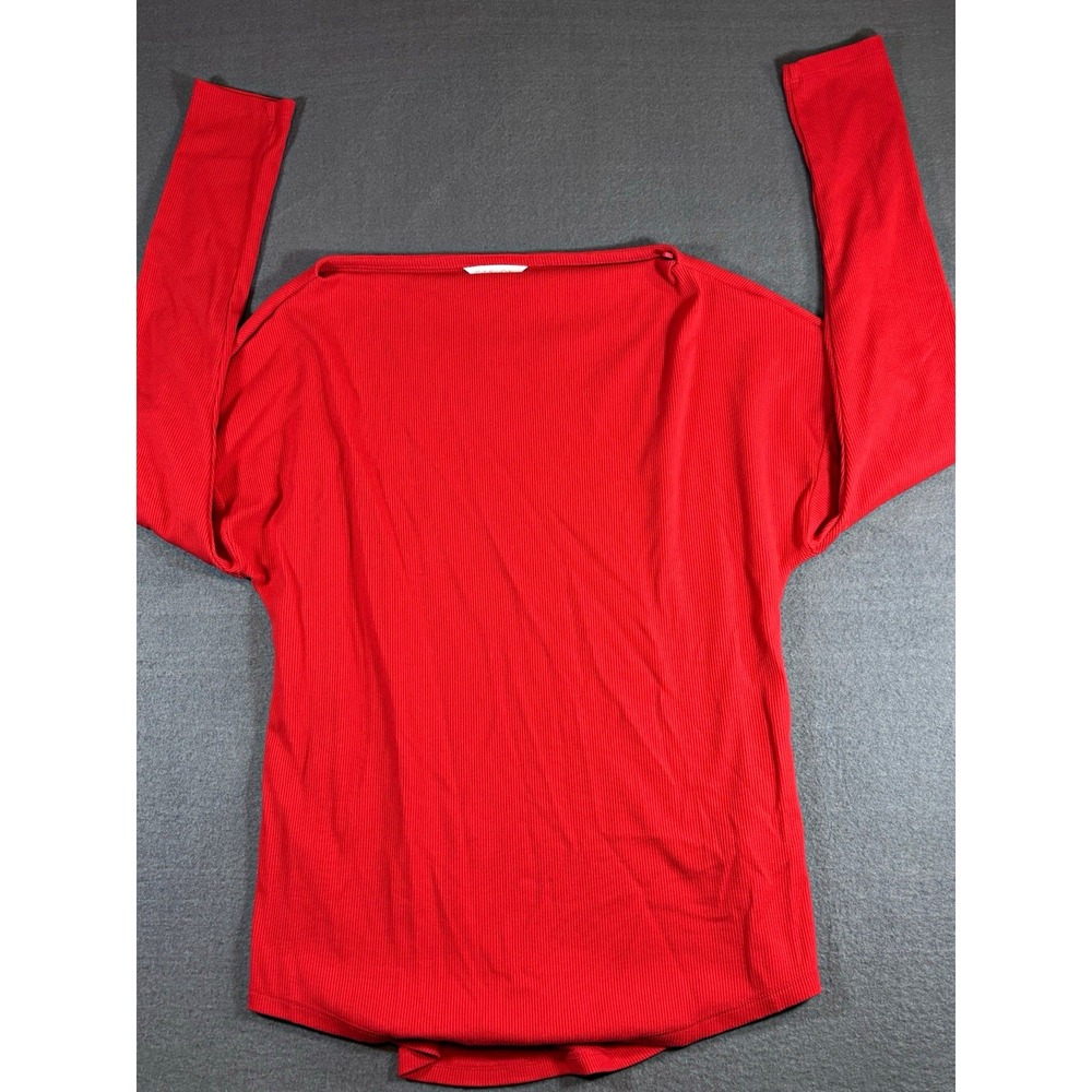 Caslon Womens Medium Red Ribbed Boat Neck Top Long Sleeve Stretch Coastal Preppy